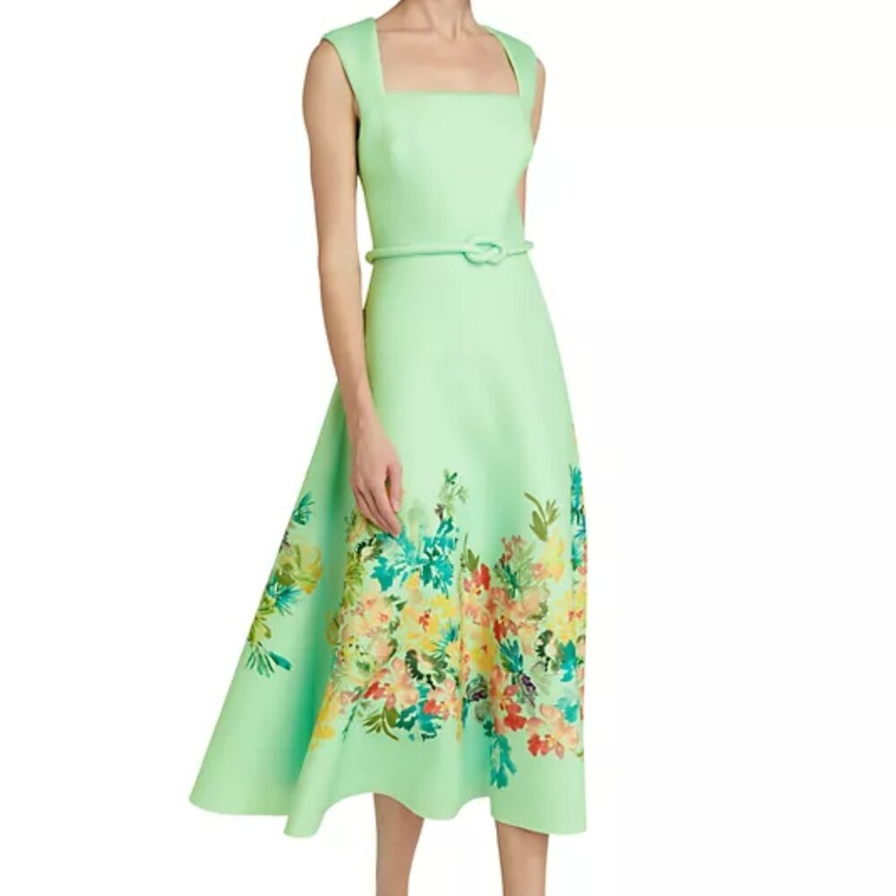 NWT Badgley Mischka Square Neckline A-Line Dress with Placed Floral Print Midi
